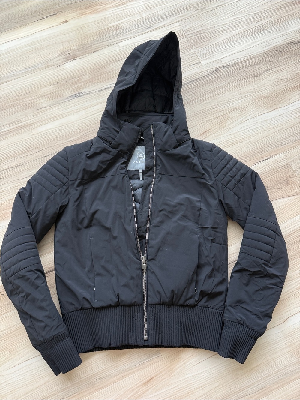 Aether Women’s Black Hooded Quilted Bomber Jacket